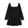 Women's Square Neck Long Sleeve Pleated A-Line Mini Dress With Metal Buckle Belt Elegant Solid Color Black Streetwear Dress For Party Night Out