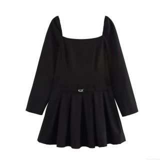 Women's Square Neck Long Sleeve Pleated A-Line Mini Dress With Metal Buckle Belt Elegant Solid Color Black Streetwear Dress For Party Night Out