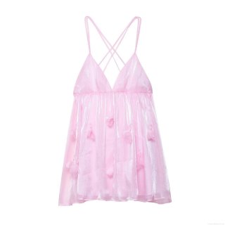 Women Summer Pink Spaghetti Strap Mini Dress Sexy Backless Cross Tie 3D Floral Decoration Pearlescent Polyester Dress For Party Club