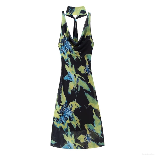 Women's Sexy Cowl Neck Halter Maxi Dress Backless Marble Print Chiffon Mesh Summer Party Vacation Evening Western Street Style Sleeveless Long Dress