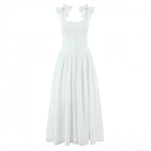 Women Summer Square Neck Bow Shoulder Strap Midi Dress Polyester Blend Single Breasted High Waist Pleated Sleeveless Backless Flare Party Beach Sundress European Street Style