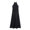 Women Elegant Black Satin Halter Midi Dress Sexy Backless Sleeveless Silk-like Texture Solid Color Slip Dress For Party Evening Clubwear Summer Fashion