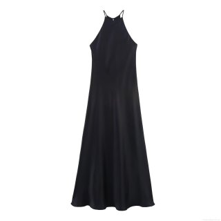Women Elegant Black Satin Halter Midi Dress Sexy Backless Sleeveless Silk-like Texture Solid Color Slip Dress For Party Evening Clubwear Summer Fashion