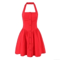 Women's Red Halter Backless Cotton Linen Blend Dress Single Breasted Button Front Sleeveless Mini Dress Slim Fit A-Line Summer Party Vacation Dress