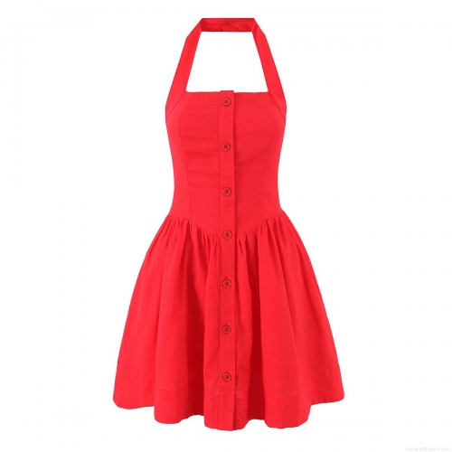 Women's Red Halter Backless Cotton Linen Blend Dress Single Breasted Button Front Sleeveless Mini Dress Slim Fit A-Line Summer Party Vacation Dress
