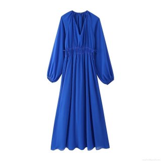 Women Solid Color V-Neck Long Sleeve Maxi Dress With Tie-Up Elastic Waist Chiffon Texture Polyester Fabric Elegant Summer Dress For Daily Dating