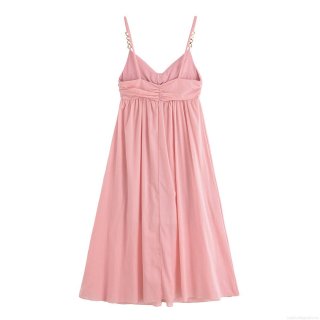 Women's Sexy V-Neck Backless Midi Slip Dress Solid Color Ruched Pleated Summer Dress With Metal Chain Straps For Party Vacation Streetwear