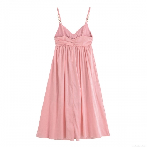 Women's Sexy V-Neck Backless Midi Slip Dress Solid Color Ruched Pleated Summer Dress With Metal Chain Straps For Party Vacation Streetwear