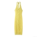 Women's Sexy Halter Neck Backless Ruffle Maxi Dress Summer Solid Yellow Mesh Layered Shirring Bodycon Long Dress For Vacation Party Event