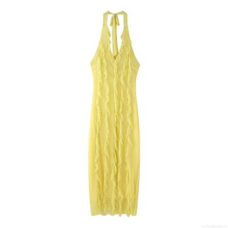 Women's Sexy Halter Neck Backless Ruffle Maxi Dress Summer Solid Yellow Mesh Layered Shirring Bodycon Long Dress For Vacation Party Event
