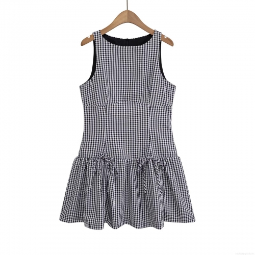 Women's Sleeveless Plaid Mini Dress Black White Gingham Bud Skirt With Bow Strap Tie Back Zipper Casual Street Style Summer Fashion Party