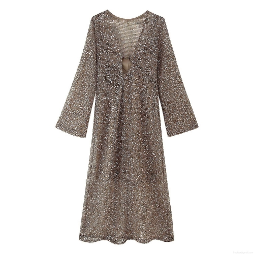 Women Deep V-Neck Sequin Maxi Dress Long Sleeve Mesh Hollow Out Sexy Bodycon Evening Party Long Dress Streetwear Clubwear Sparkly Gown