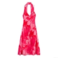 Women's Sexy Floral Print Halter Dress Backless V-Neck Lace-Up Midi Slip Dress For Summer Vacation Beach Party Rose Red Chiffon Dress