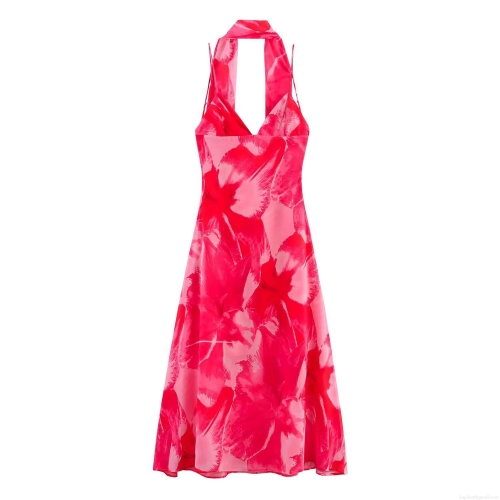Women's Sexy Floral Print Halter Dress Backless V-Neck Lace-Up Midi Slip Dress For Summer Vacation Beach Party Rose Red Chiffon Dress