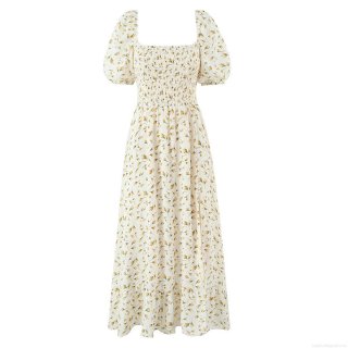 Women's Summer Vintage Floral Square Neck Puff Sleeve Smocked Midi Dress With Split A-Line Cottagecore Style Summer Dress