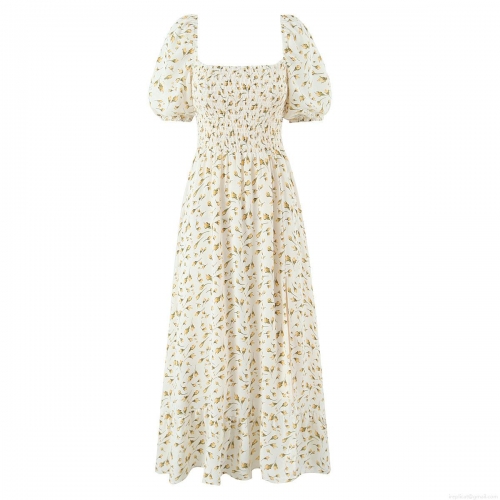 Women's Summer Vintage Floral Square Neck Puff Sleeve Smocked Midi Dress With Split A-Line Cottagecore Style Summer Dress