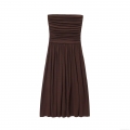 Women Summer Ruched Tube Top Midi Dress Sleeveless Spliced Solid Brown Bodycon Street Style Sexy Evening Party Clubwear Polyester Dress