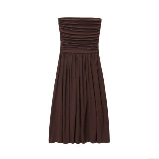 Women Summer Ruched Tube Top Midi Dress Sleeveless Spliced Solid Brown Bodycon Street Style Sexy Evening Party Clubwear Polyester Dress
