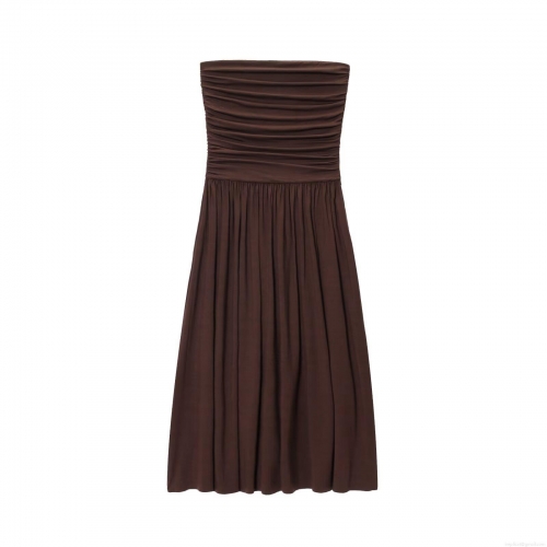 Women Summer Ruched Tube Top Midi Dress Sleeveless Spliced Solid Brown Bodycon Street Style Sexy Evening Party Clubwear Polyester Dress