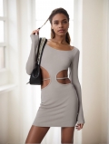 Women's Sexy Hollow Out Knit Mini Dress Long Sleeve Solid Gray Polyester Spandex Bodycon Dress For Party Clubwear Streetwear