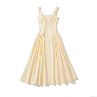 Women's Summer Sleeveless Midi Dress Ruched Bust Slim Fit Solid Color Cream Yellow 100% Polyester Party Casual Streetwear Dress