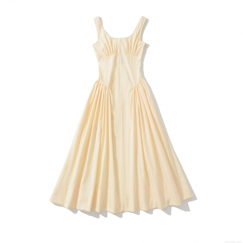 Women's Summer Sleeveless Midi Dress Ruched Bust Slim Fit Solid Color Cream Yellow 100% Polyester Party Casual Streetwear Dress