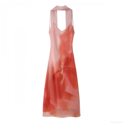 Women Sexy Backless Halter Neck Midi Dress Pink Gradient Tie-Dye Floral Print Satin Slip Dress For Evening Party Streetwear Clubwear