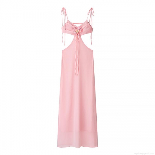 Sexy Pink Polyester Hollow Out Backless Lace Up Maxi Dress With 3D Flower Decoration For Women Party Street Style Slim Fit Long Dress