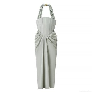 Women's Sexy Backless Halter Neck Maxi Dress Criss Cross Tie Up Satin Texture Bodycon Dress Ruched Waist Sleeveless Solid Color Evening Party Gown