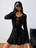 Women Sexy Long Sleeve Mini Dress Ruffle Trim Cut Out Tie Front Slim Fit Bodycon Polyester Blend Dress For Party Club Night Out