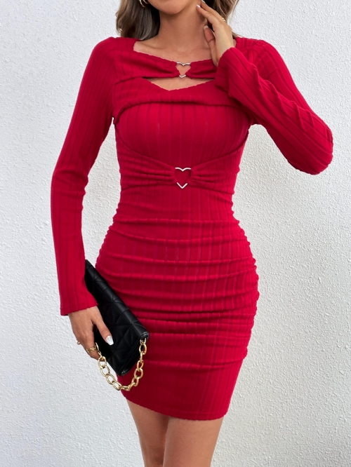 Women Long Sleeve V-Neck Bodycon Mini Dress Knit Ribbed Cutout Heart Metal Buckle Elegant Sexy Slim Fit Solid Color Party Dress
