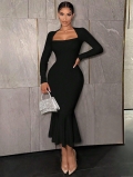 Elegant Square Neck Long Sleeve Bodycon Midi Dress For Women Sexy Knitted Fishtail Evening Party Clubwear High Waist Solid Color Tight Dress