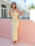 Women's Sexy Bodycon Cami Maxi Dress Cowl Neck Backless Ruched Ribbed Knit Polyester Sleeveless Summer Beach Party Long Sundress Elegant Lady Clubwear