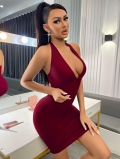 Women Sexy V-Neck Halter Backless Bodycon Mini Dress Ribbed Knit Polyester Elastane Slim Fit Skinny Dress For Summer Party Night Out Clubwear