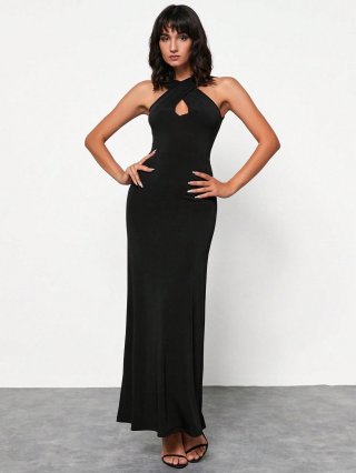 Women's Sexy Backless Cross Halter Maxi Dress Sleeveless Cutout Slim Fit Polyester Elastane Party Evening Long Dress For Women