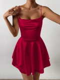Sexy Backless Wine Red Satin Mini Dress Women Elegant Camisole Ruffle Tiered Hem Summer Party Night Outfits Bodycon 95% Polyester 5% Elastane Dress
