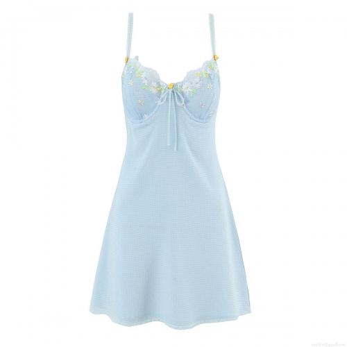 Women's Light Blue Floral Embroidered Satin Backless Cami Dress French Retro Gingham A-Line Mini Dress With Lace Detail For Summer Party Vacation Outfits