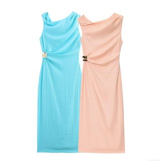 Elegant Sleeveless Midi Dress Slub Linen Texture Asymmetric Pleated Bodycon Dress With Metal Buckle Decoration For Women Party Streetwear