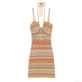 Women's Sexy Halter Neck Knit Mini Dress Bohemian Striped Crochet Backless Sleeveless Cami Sundress For Summer Vacation Clubwear Polyester Outfit