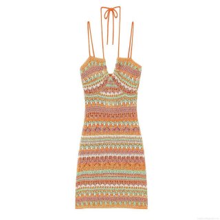 Women's Sexy Halter Neck Knit Mini Dress Bohemian Striped Crochet Backless Sleeveless Cami Sundress For Summer Vacation Clubwear Polyester Outfit