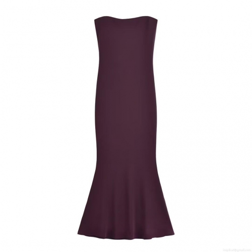 Women Elegant Deep Purple Strapless Backless Mermaid Maxi Dress Pleated Slim Fit Polyester Evening Party Gown Wedding Guest Dress