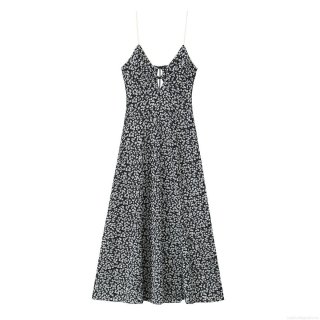 Women's Sexy Floral Midi Cami Dress Backless V-Neck A-Line Polyester Street Style Tie-Front Cutout Evening Party Vacation Sundress