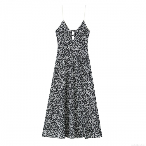 Women's Sexy Floral Midi Cami Dress Backless V-Neck A-Line Polyester Street Style Tie-Front Cutout Evening Party Vacation Sundress
