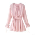 Women's Pink V Neck Long Sleeve Mini Dress Elegant Satin Solid Color Flower Belt Flare Sleeve Ruffle A-Line Party Dress For Autumn Women