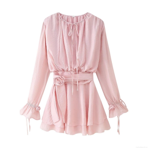 Women's Pink V Neck Long Sleeve Mini Dress Elegant Satin Solid Color Flower Belt Flare Sleeve Ruffle A-Line Party Dress For Autumn Women