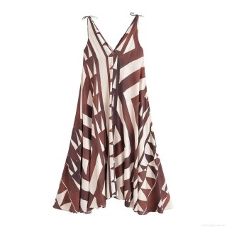 Women's Sexy V-Neck Spaghetti Strap Dress Geometric Abstract Print Asymmetric Hem Midi Sun Dress With Tassel For Summer Beach Vacation Party Casual Dress Polyester