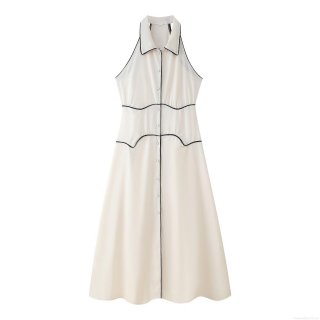 Women's Elegant Halter Neck Single Breasted Maxi Dress Contrast Trim Sleeveless Satin Polyester Long A-Line Dress For Party Club Streetwear