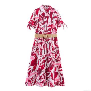 Women's Tropical Print Short Sleeve Shirt Dress With Belt Polyester A-Line Midi Dress For Summer Vacation Streetwear Female Fashion