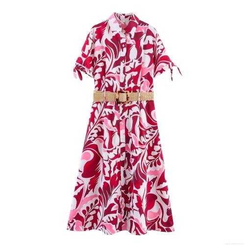 Women's Tropical Print Short Sleeve Shirt Dress With Belt Polyester A-Line Midi Dress For Summer Vacation Streetwear Female Fashion
