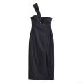 Women's One-Shoulder Ruched Bodycon Dress Polyester Asymmetrical Side Slit Sleeveless Midi Dress For Evening Party Cocktail Clubwear Black